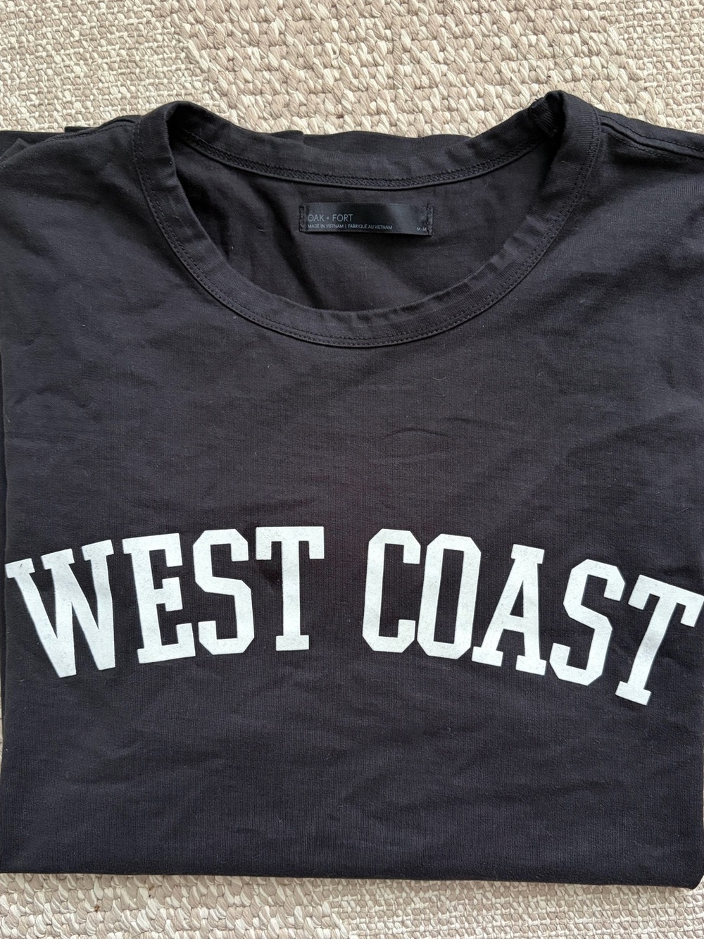 OAK + FORT Black Tee with White 'West Coast' Graphic